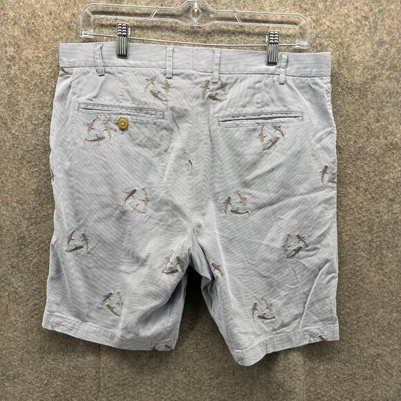 J McLaughlin Shorts Men 33 Blue Chino Flat Front Pinstripes Embroidered Dolphins - Picture 2 of 10